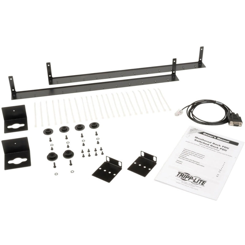 Layout of PDU installation kit components including mounting brackets, cable ties, and documentation