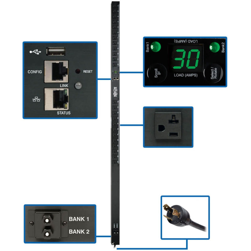 Network management interface of PDU showing USB port, ethernet connections, and digital load display