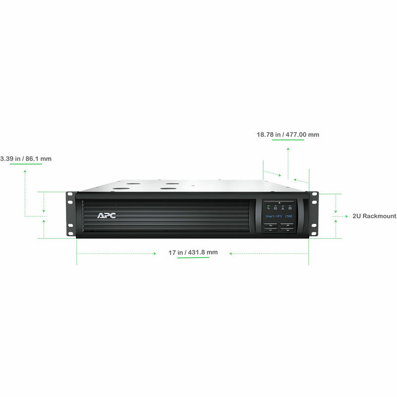 Dimensional diagram of APC Smart-UPS showing exact measurements and 2U rack height