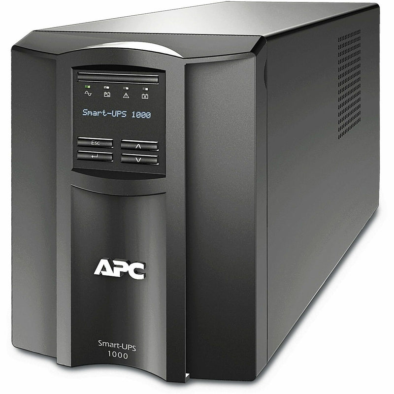 Front view of APC Smart-UPS 1000VA showing LCD display interface and tower design