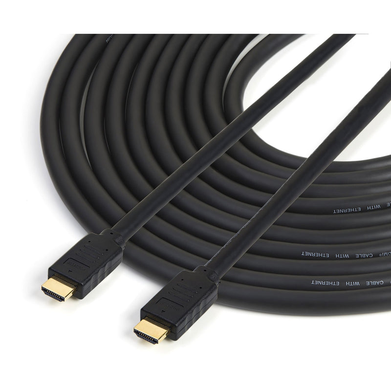 Full-length view of coiled StarTech.com 15-meter HDMI cable showing flexible design and length