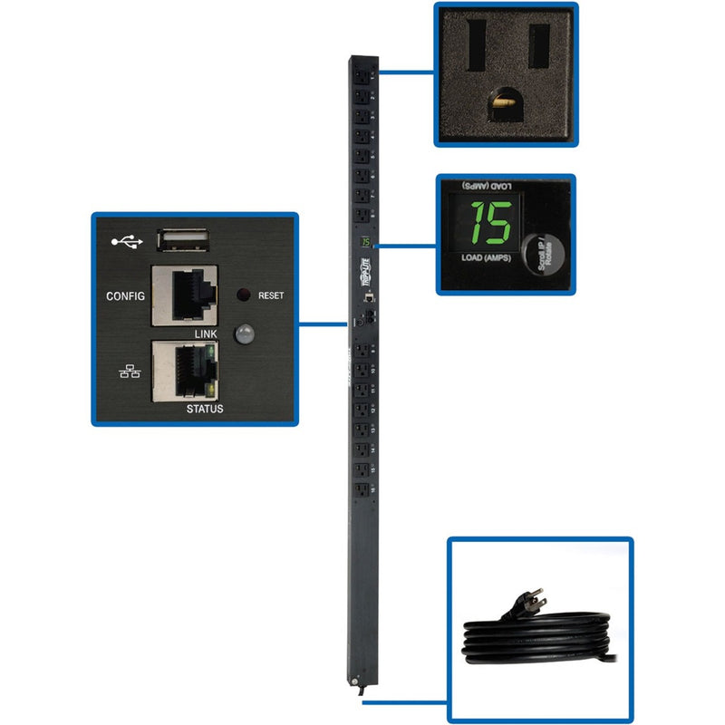 Network interface panel and digital display of Tripp Lite PDU showing load monitoring and outlet controls