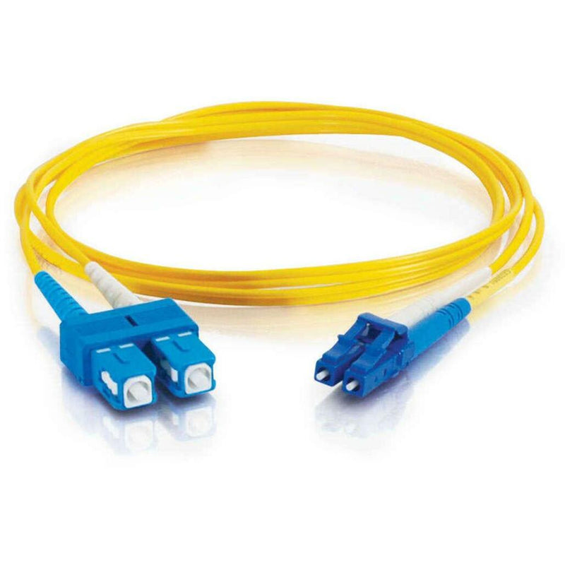 Full length view of yellow single-mode fiber optic patch cable with LC and SC connectors