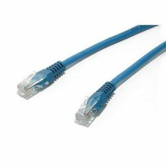 Blue Cat5e ethernet patch cable with gold-plated RJ45 connectors and molded strain relief on both ends