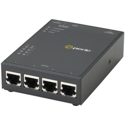 Perle IOLAN STS4D GR terminal server showing four RJ-45 ports on front panel with status LED indicators in sleek black enclosure