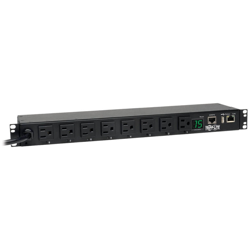 Front view of Tripp Lite PDUMH15NET2LX PDU showing 8 outlets, digital display, and network ports