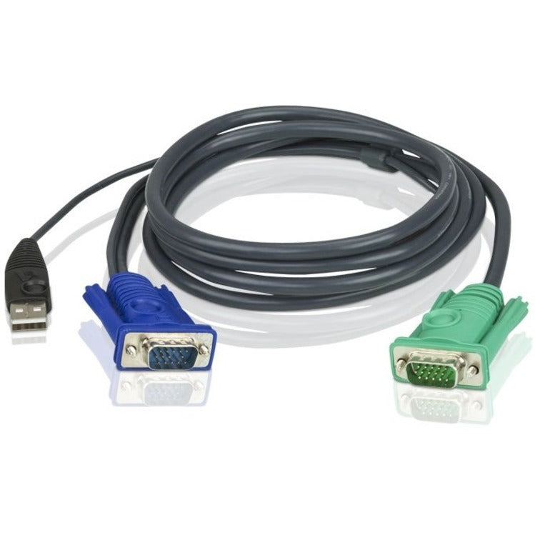 ATEN USB KVM cable featuring black USB connector, blue VGA connector, and green console connector with 5.9 feet of flexible dark gray cable