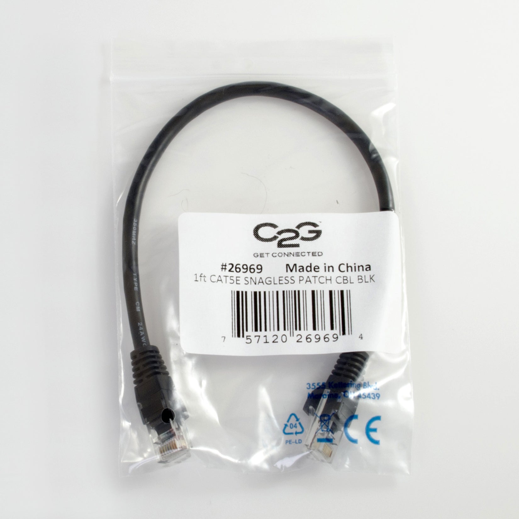 C2G 26969 1ft Cat5e Unshielded Ethernet Cable, Black, Lifetime Warranty
