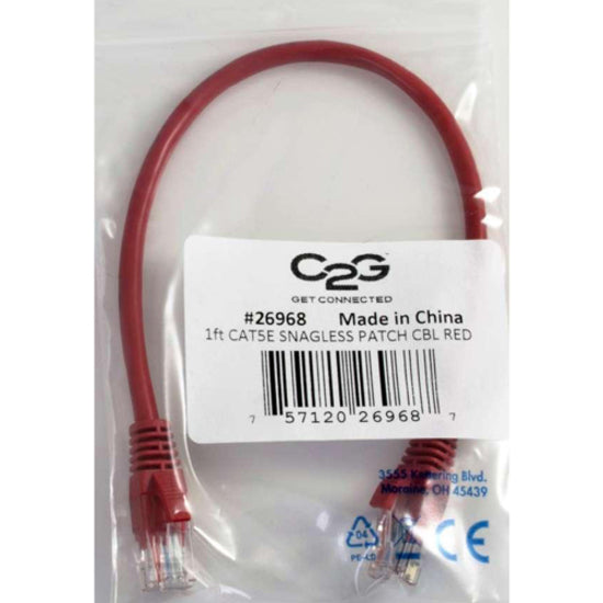 C2G 26968 1ft كابل إيثرنت غير محمي Cat5e، أحمر، ضمان مدى الحياة.