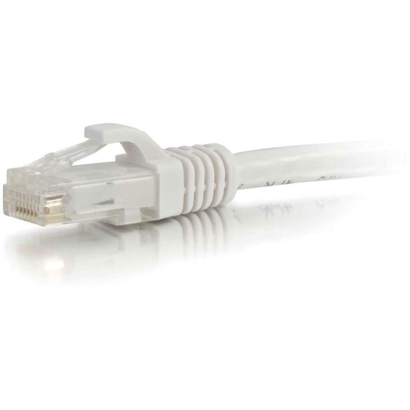 Close-up view of white Cat5e ethernet cable RJ-45 connector with strain relief boot