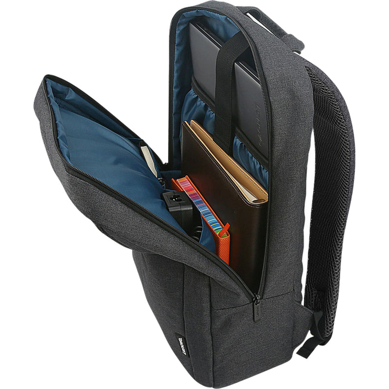 Interior view of Lenovo B210 backpack showing organized compartments and blue lining