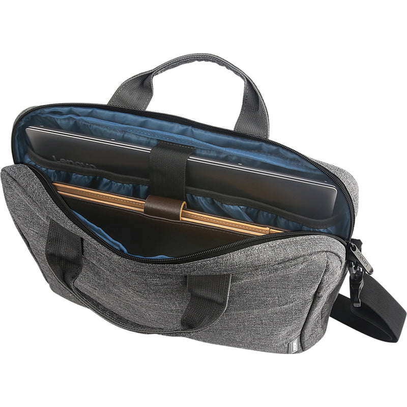 Interior view of Lenovo T210 laptop bag showing compartments and blue lining