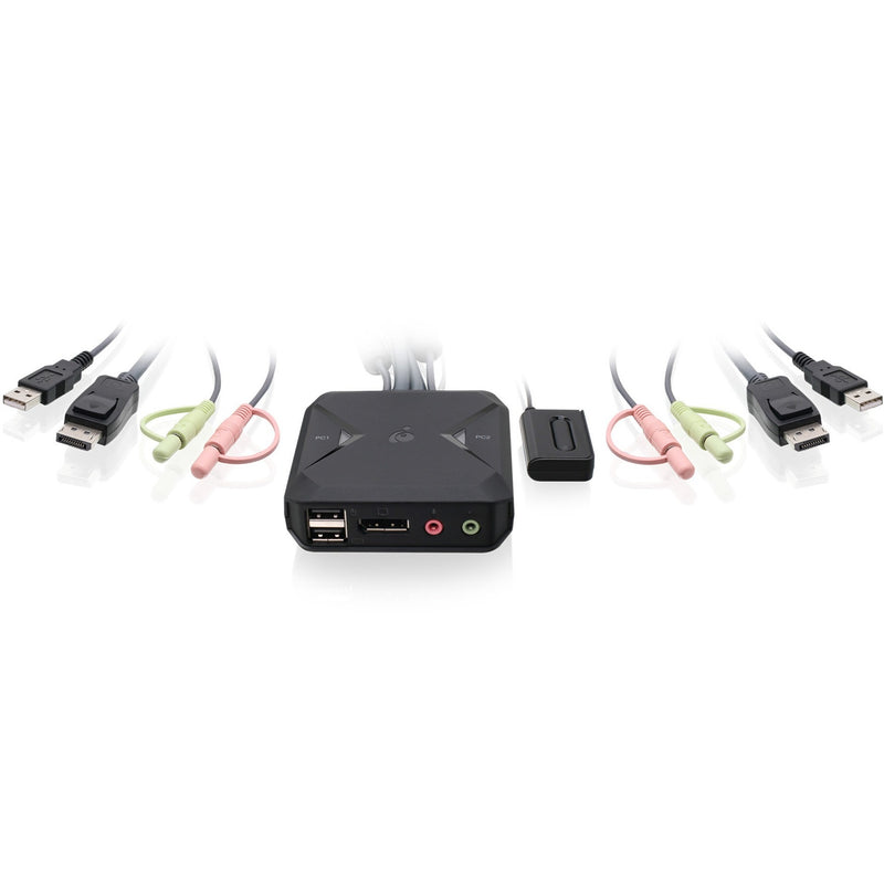 IOGEAR 2-port DisplayPort KVM switch with built-in cables, USB ports, and audio connections shown with remote switch