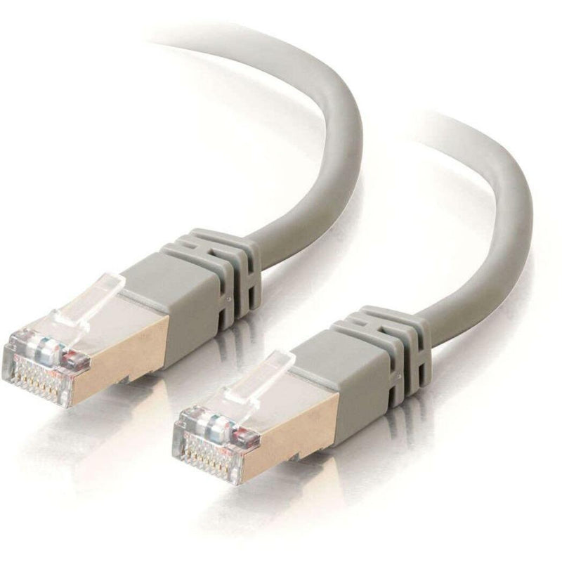 Close-up view of shielded RJ-45 connectors on Cat5e network cable with metal shielding visible