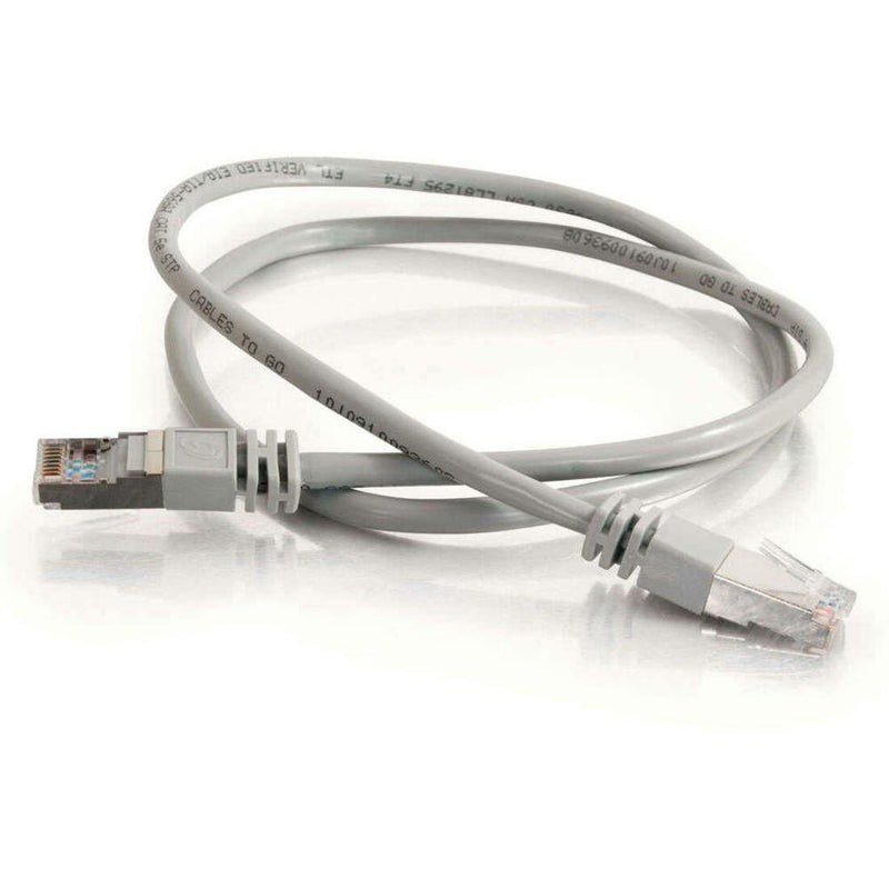 Full length view of gray Cat5e network cable with printed specifications