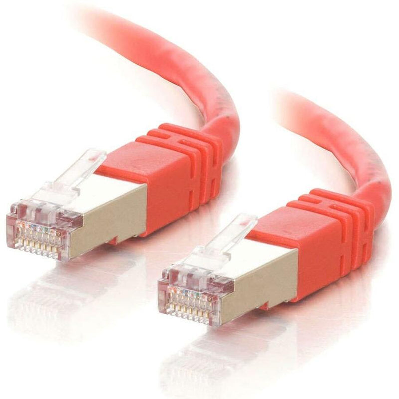 Close-up view of red Cat5e cable's shielded RJ-45 connectors showing gold-plated pins and transparent housing