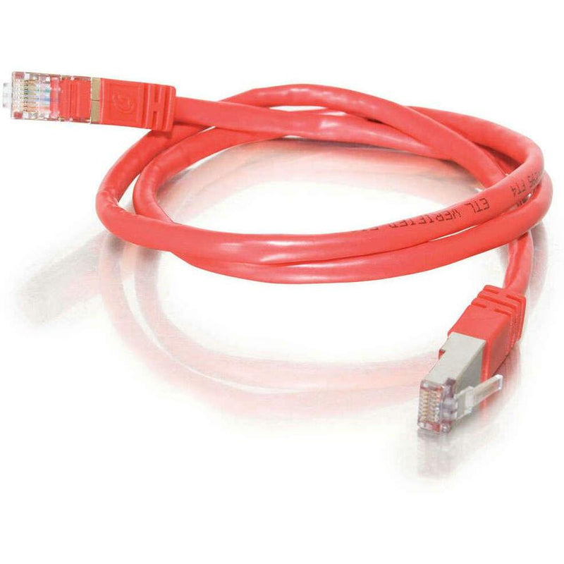 Full length view of red Cat5e network patch cable showing flexible design and both connectors