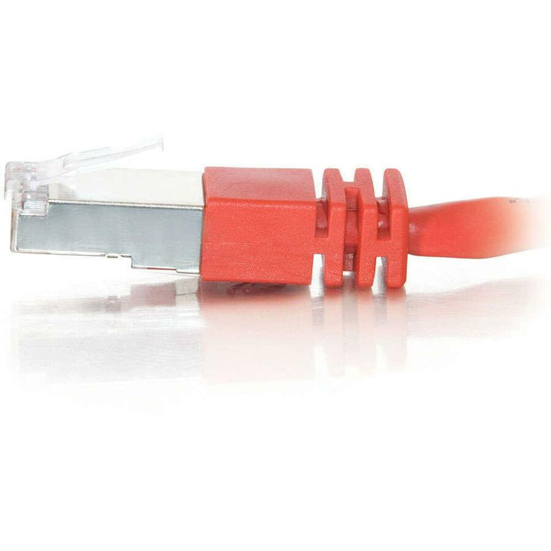 Side view of Cat5e connector showing red strain relief boot and metal shielding