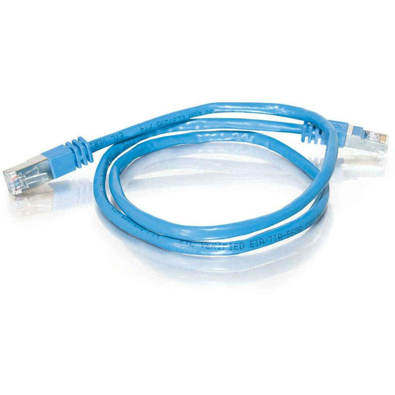 Full length view of 5-foot blue Cat5e shielded ethernet cable showing flexibility and construction