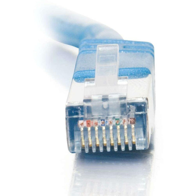 Detailed view of RJ-45 connector pin array showing gold contacts and internal wiring configuration