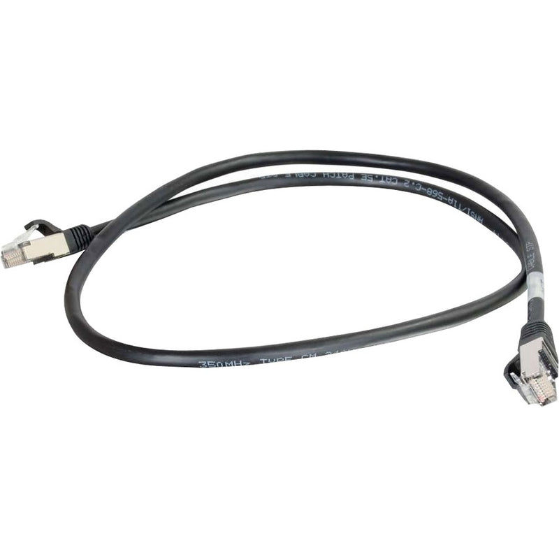 Full-length view of black Cat5e network cable showing natural curve and flexibility