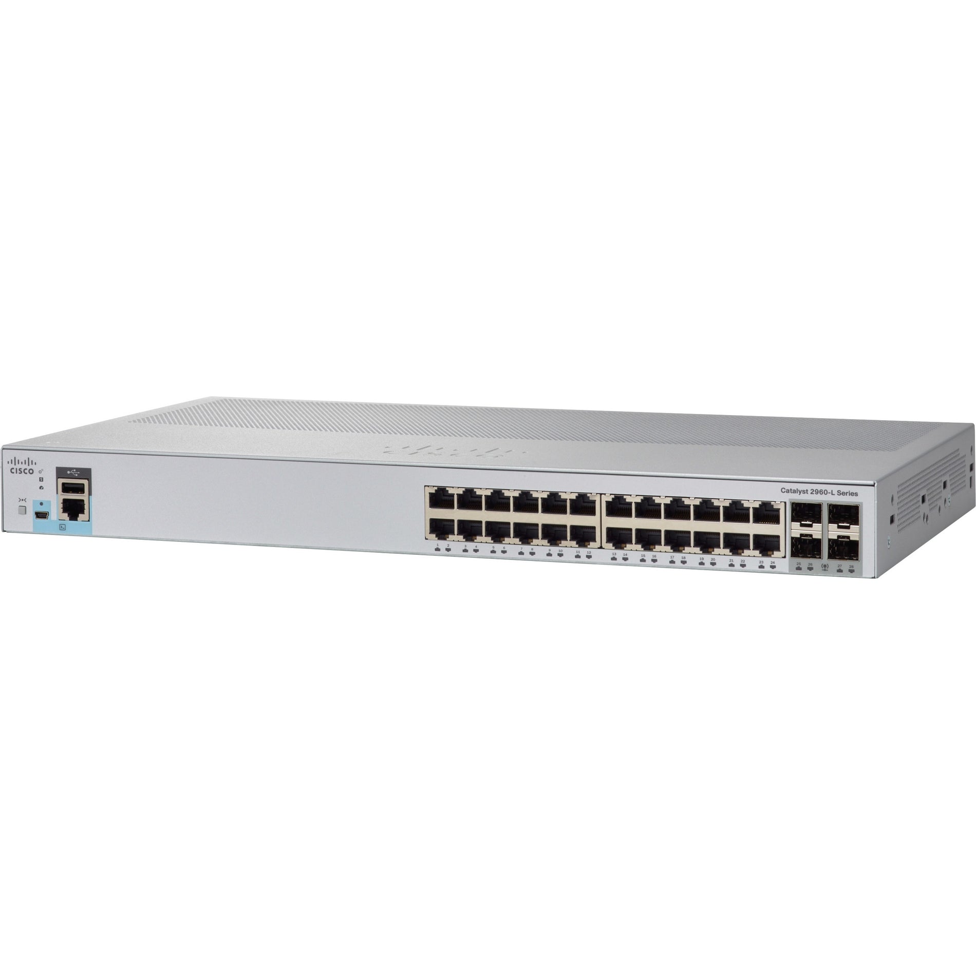 Front view of Cisco Catalyst WS-C2960L-24TQ-LL switch showing 24 Gigabit Ethernet ports, 4 SFP+ uplinks, and management interfaces in silver chassis-alternate-image1