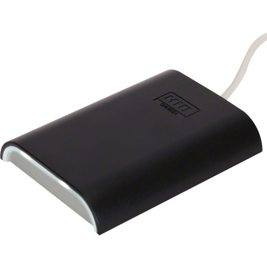 HID OMNIKEY 5427CK Gen2 smart card reader in black with white trim showing curved design and USB cable connection-alternate-image1