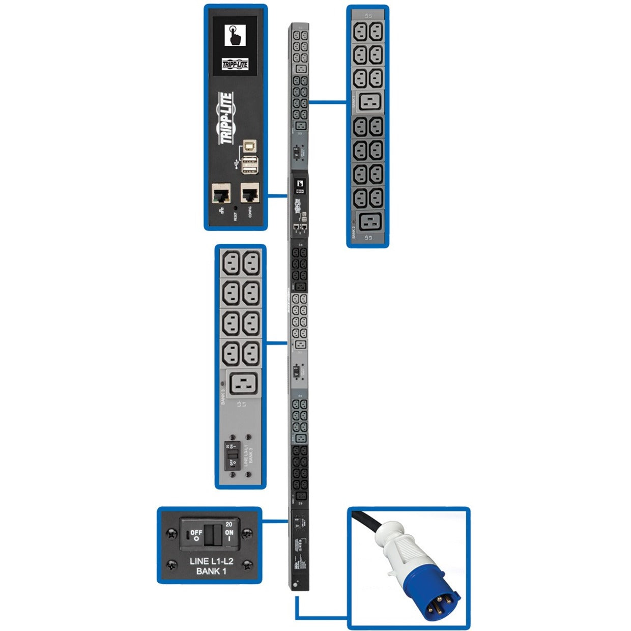 Tripp Lite PDU3EVN6G60B Tripp Lite Factory Direct Only Item 14.5kW 3-Phase Monitored PDU LX Interface 200/208/240V Outlets 42 C13 6 C19 LCD IEC-309 60A Blue 1.8m 6 ft Cord 0U 1.8m 70 in Height TAA PDU3EVN6G60B