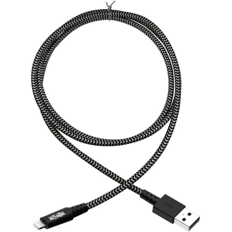 Full length view of Tripp Lite Lightning cable showing black and white braided pattern design