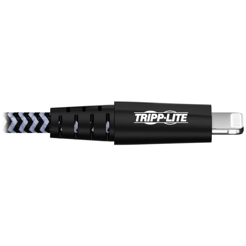 Detailed view of Tripp Lite Lightning connector with branding and strain relief