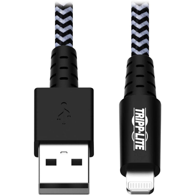 Close-up view of Tripp Lite heavy-duty USB and Lightning connectors with black and white braided cable