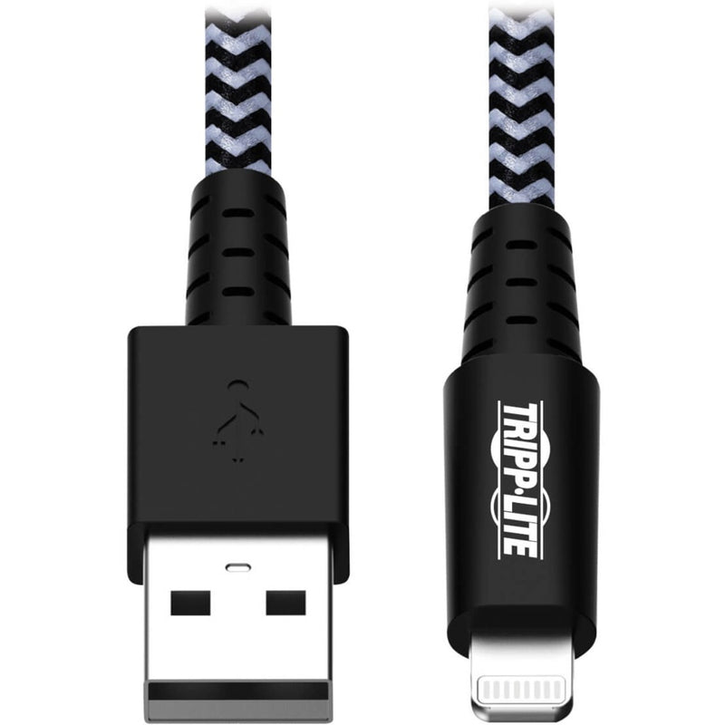 Close-up view of Tripp Lite heavy-duty USB and Lightning connectors with chevron braided cable