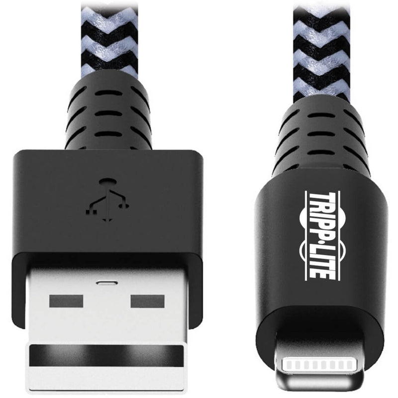 Detailed view of Tripp Lite Lightning and USB connector strain relief design