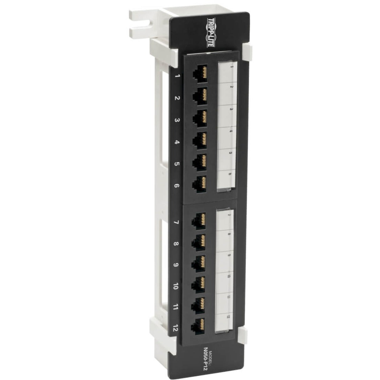 Front view of Tripp Lite N050-P12 12-port patch panel showing numbered RJ45 ports in vertical arrangement-alternate-image1