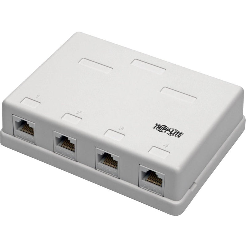 Front view of white Tripp Lite 4-port surface mount box showing RJ45 ports