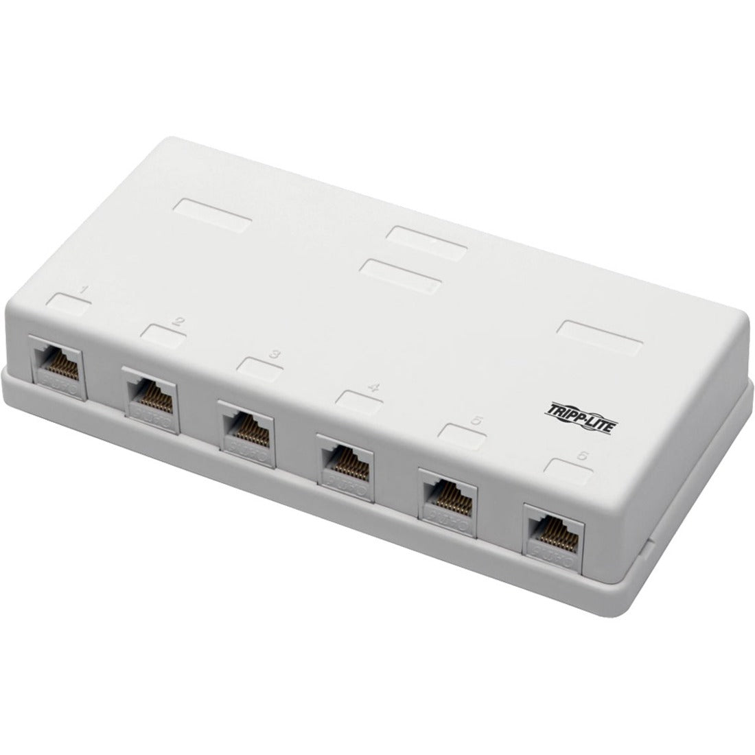 Front view of white Tripp Lite 6-port surface mount box showing RJ45 ports-alternate-image1