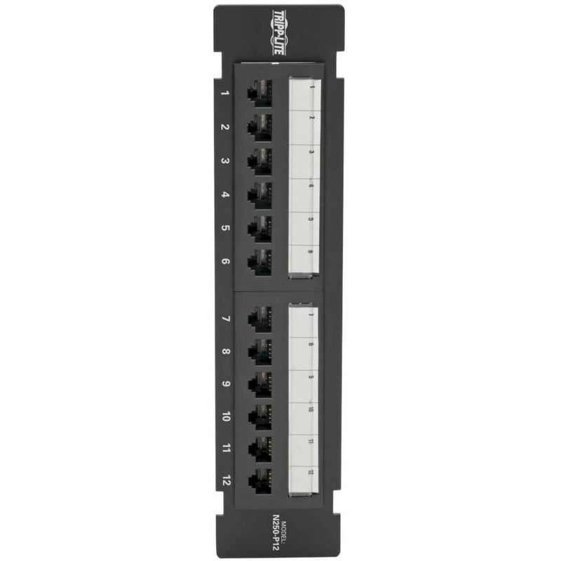 Direct front view of N250-P12 showing all 12 numbered ports with PoE+ compatibility