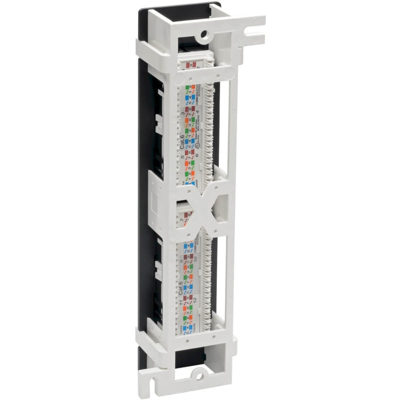 Rear view of N250-P12 patch panel showing color-coded 110 punch-down blocks and wiring diagram