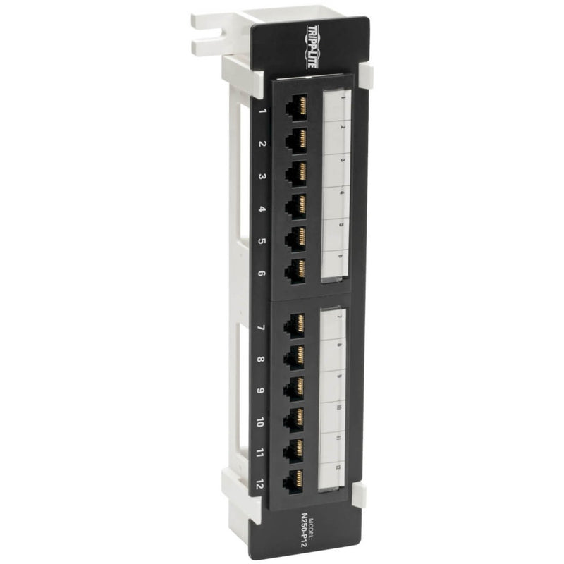 Front view of Tripp Lite N250-P12 12-port Cat6 patch panel showing numbered RJ45 ports and labeling area