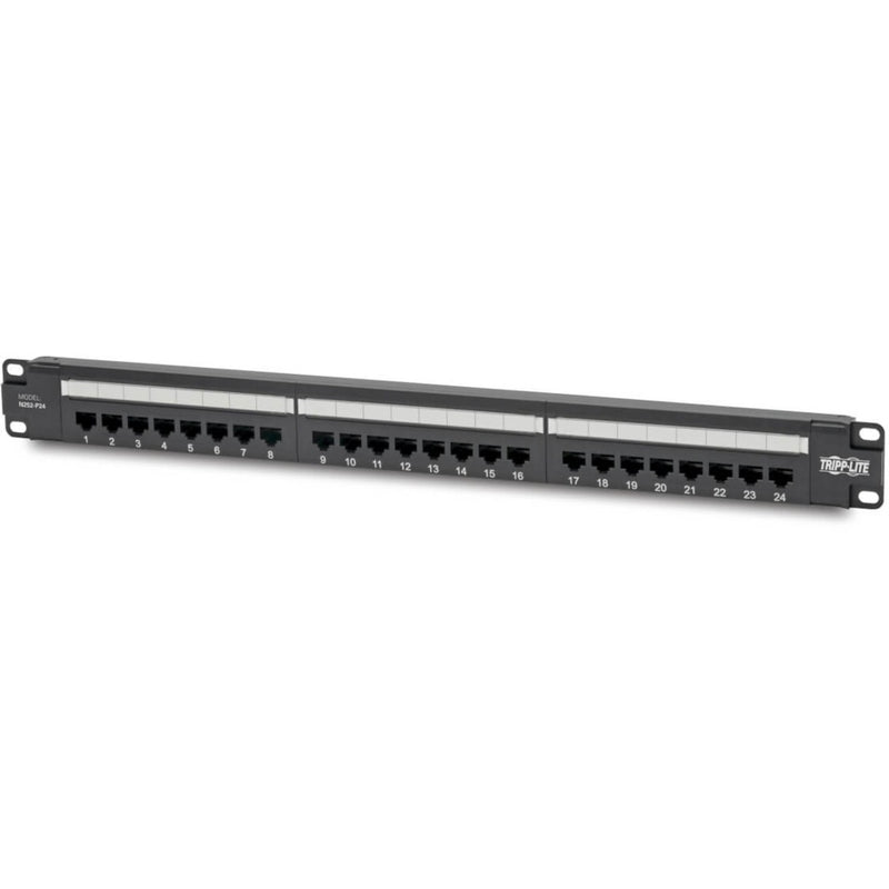 Front view of Tripp Lite N252-P24 24-port Cat6 patch panel showing numbered RJ45 ports in 1U rack-mount design