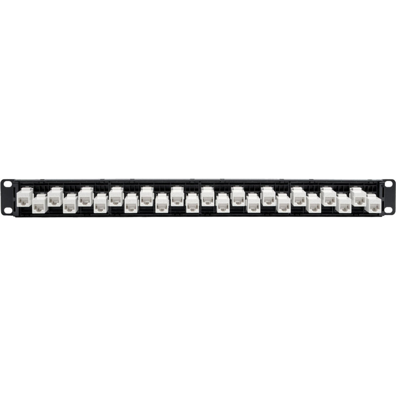 Close-up view of Tripp Lite patch panel showing RJ45 coupler ports in staggered arrangement