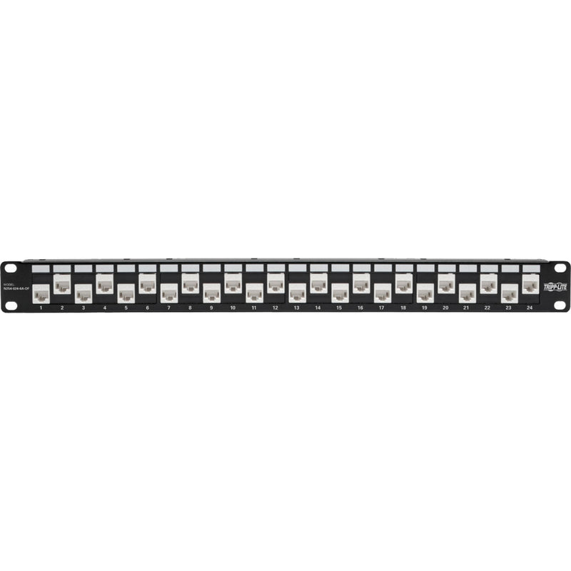 Horizontal view of 24-port patch panel showing numbered ports and rack mount design