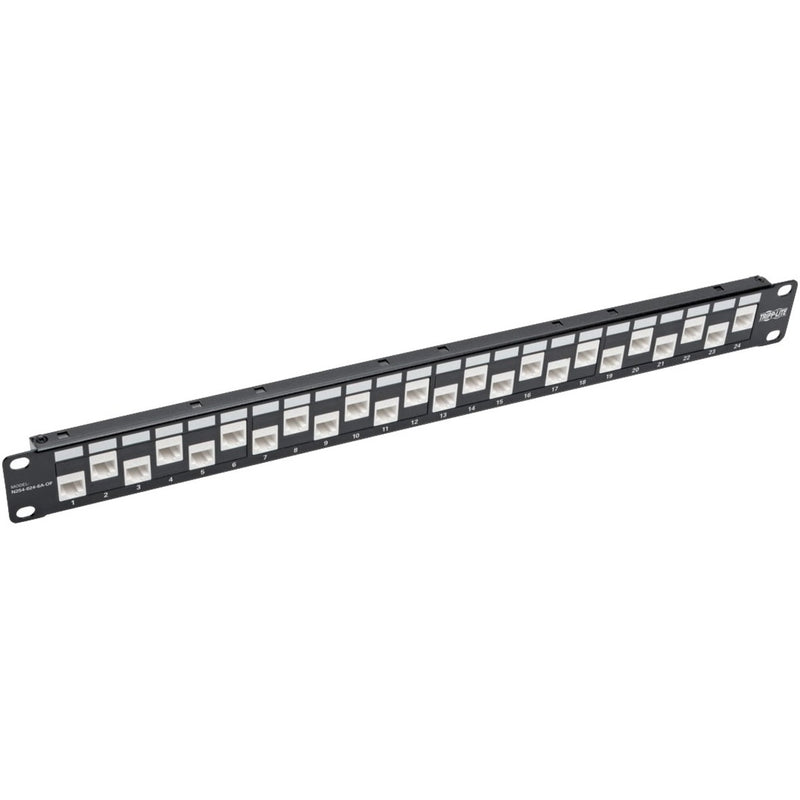 Front view of Tripp Lite 24-port Cat6a patch panel showing offset RJ45 ports with numbered labels