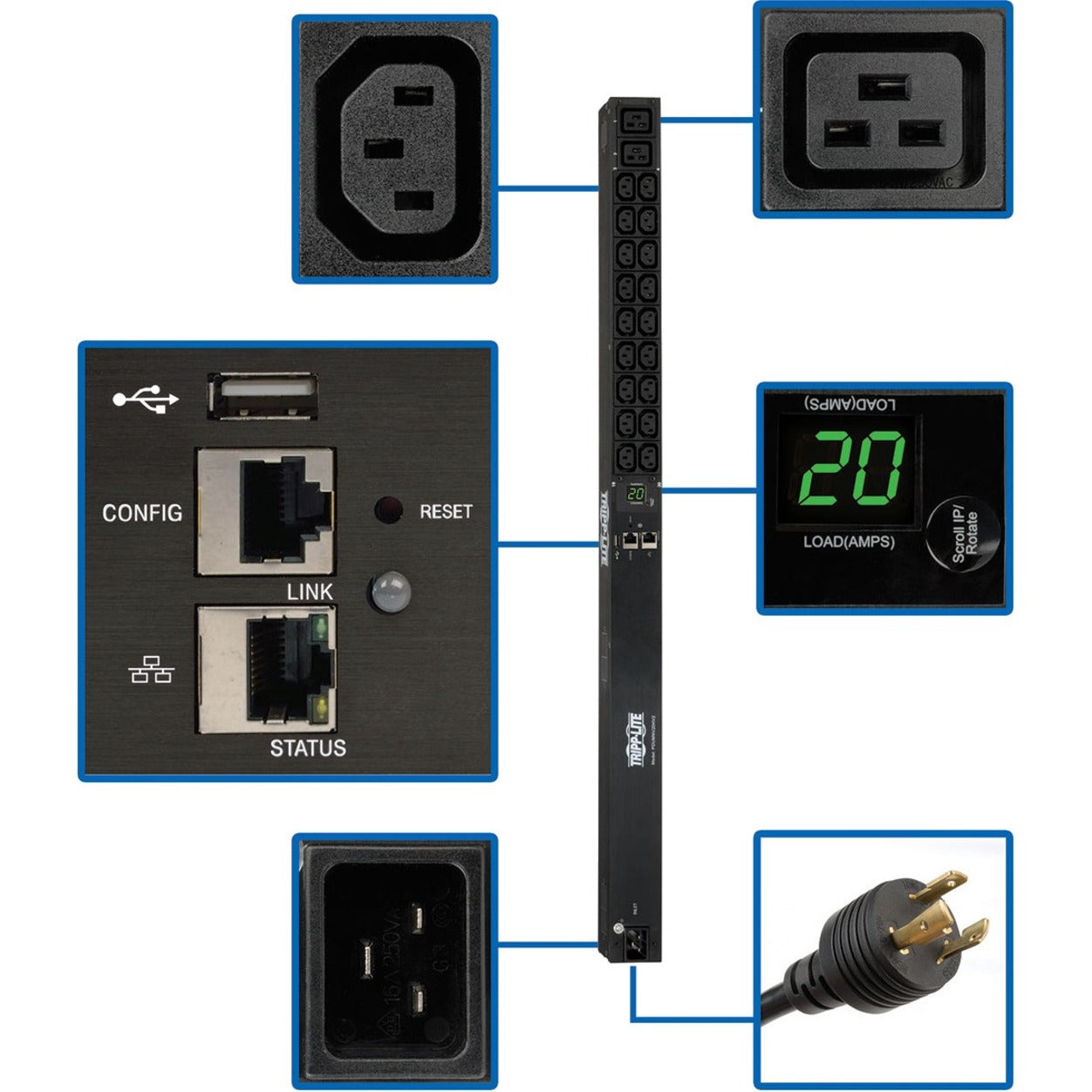 Network monitoring interface of PDU showing USB port, Ethernet connections, and digital display for load monitoring-alternate-image1