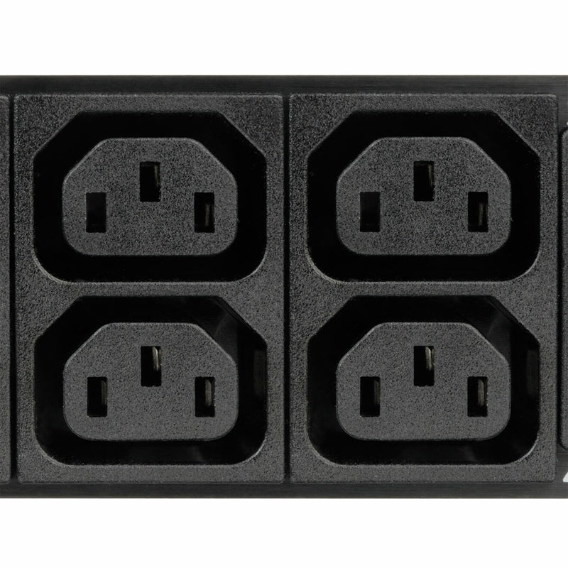 Close-up of C13 outlet array showing secure power connections