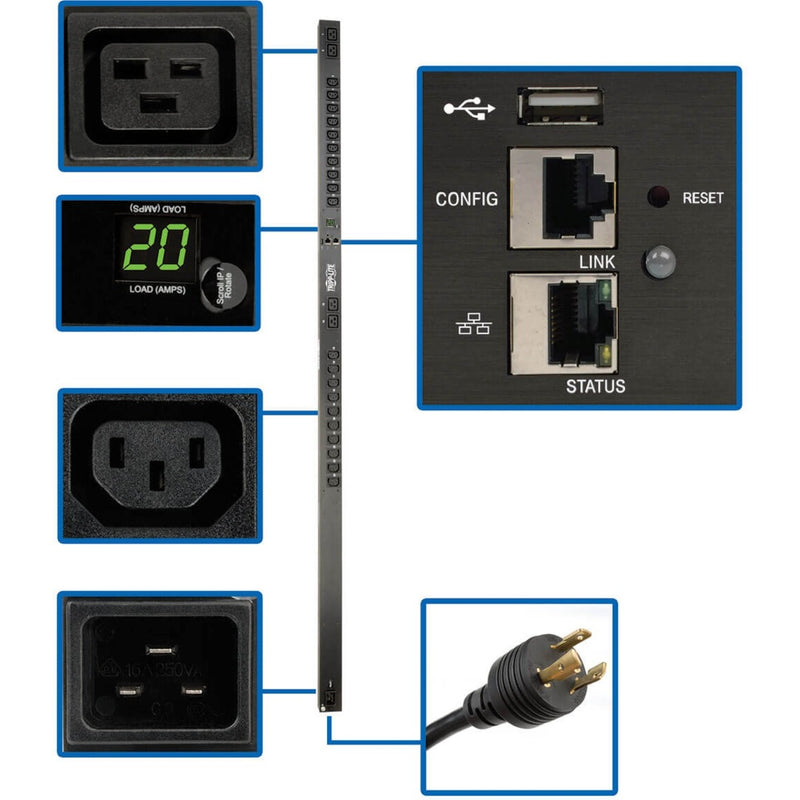 Detailed view of PDU interface showing digital load meter, network ports, and control panel