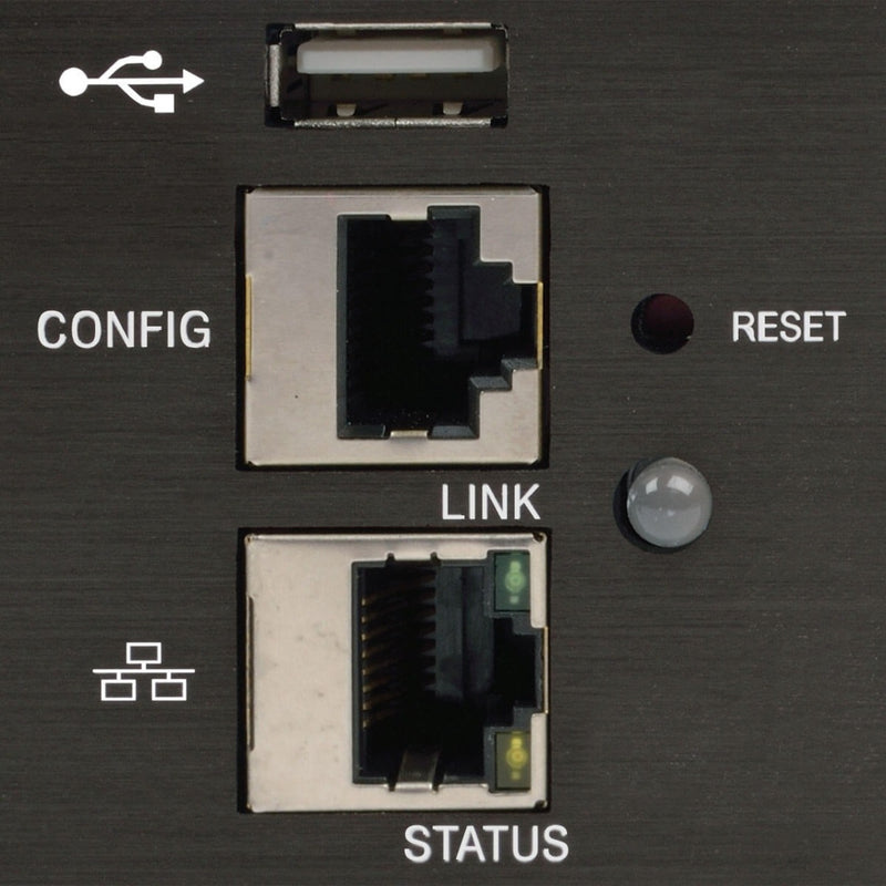 Detailed view of PDU network management interface with configuration ports