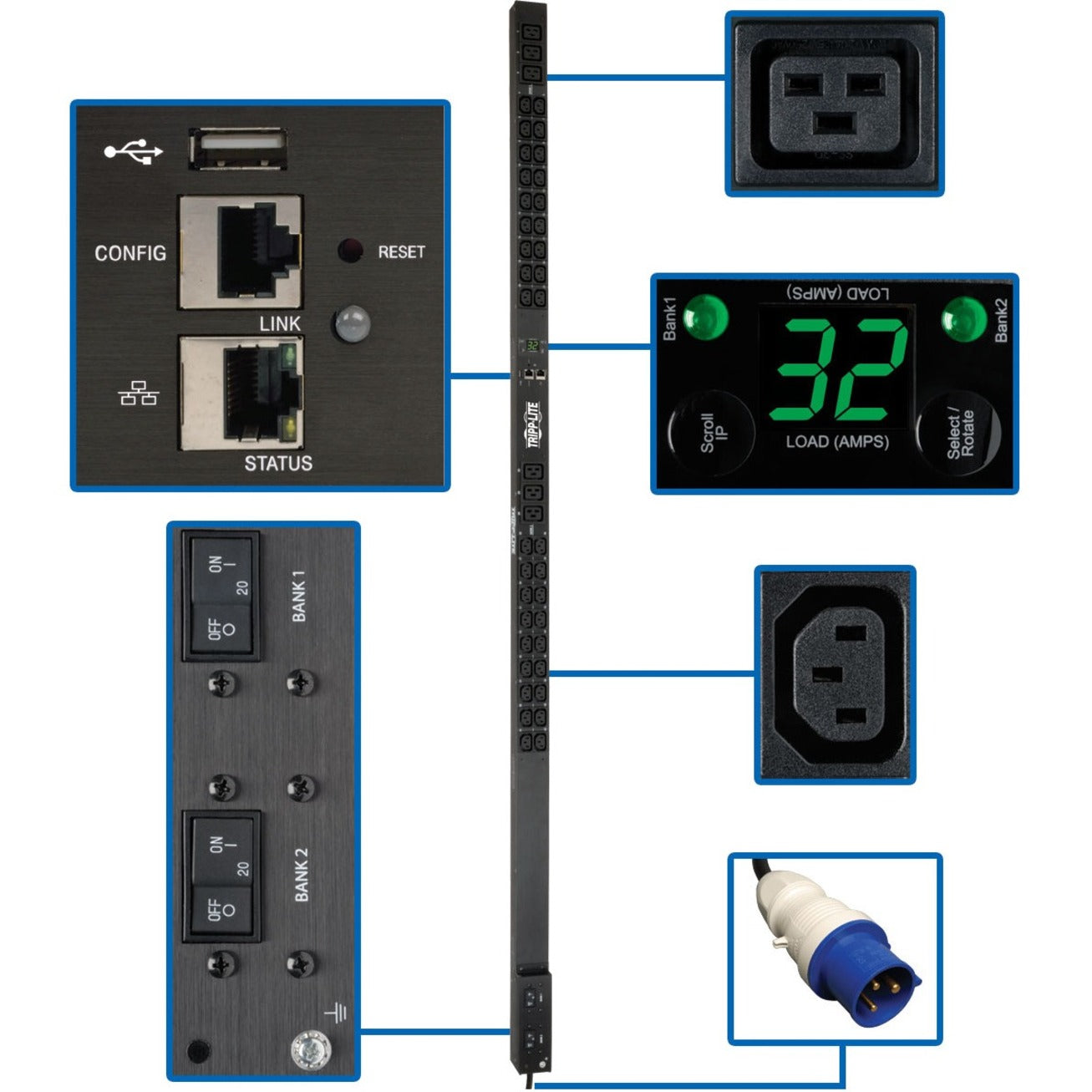 ترِب لايت PDUMNV32HV2LX PDU بـ 42 مخرج، مُراقب، 7.4KW أحادي الطور، إدخال 32A، 230V تيار متردد، قابل للتثبيت على الرف