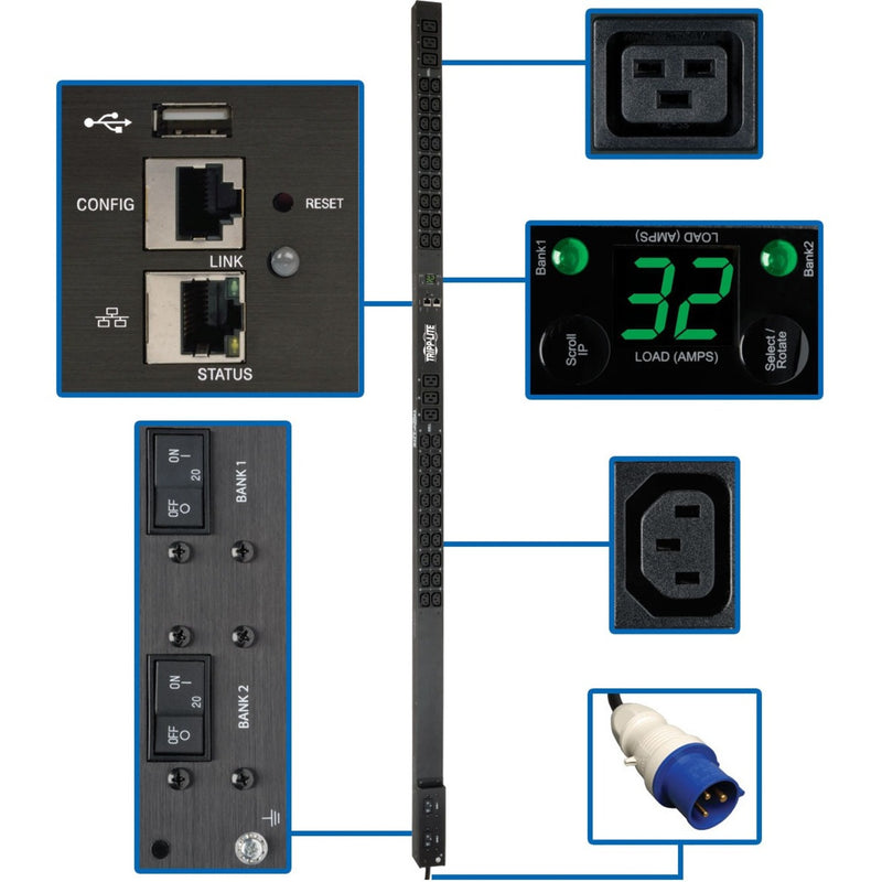 PDU control interface with digital display, network ports, and power indicators