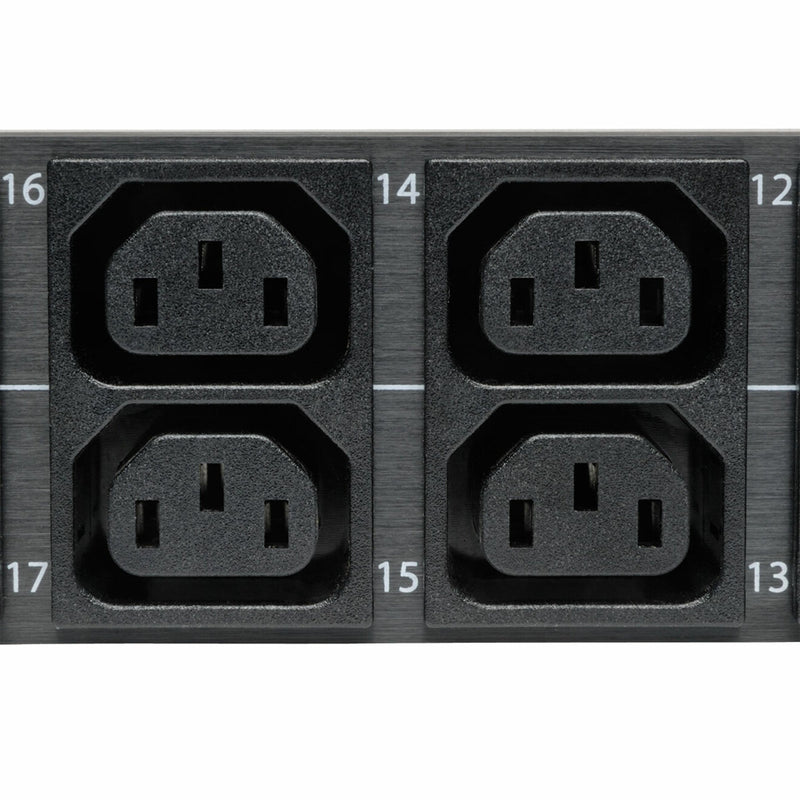 Close-up of numbered C13 and C19 outlet array with retention system